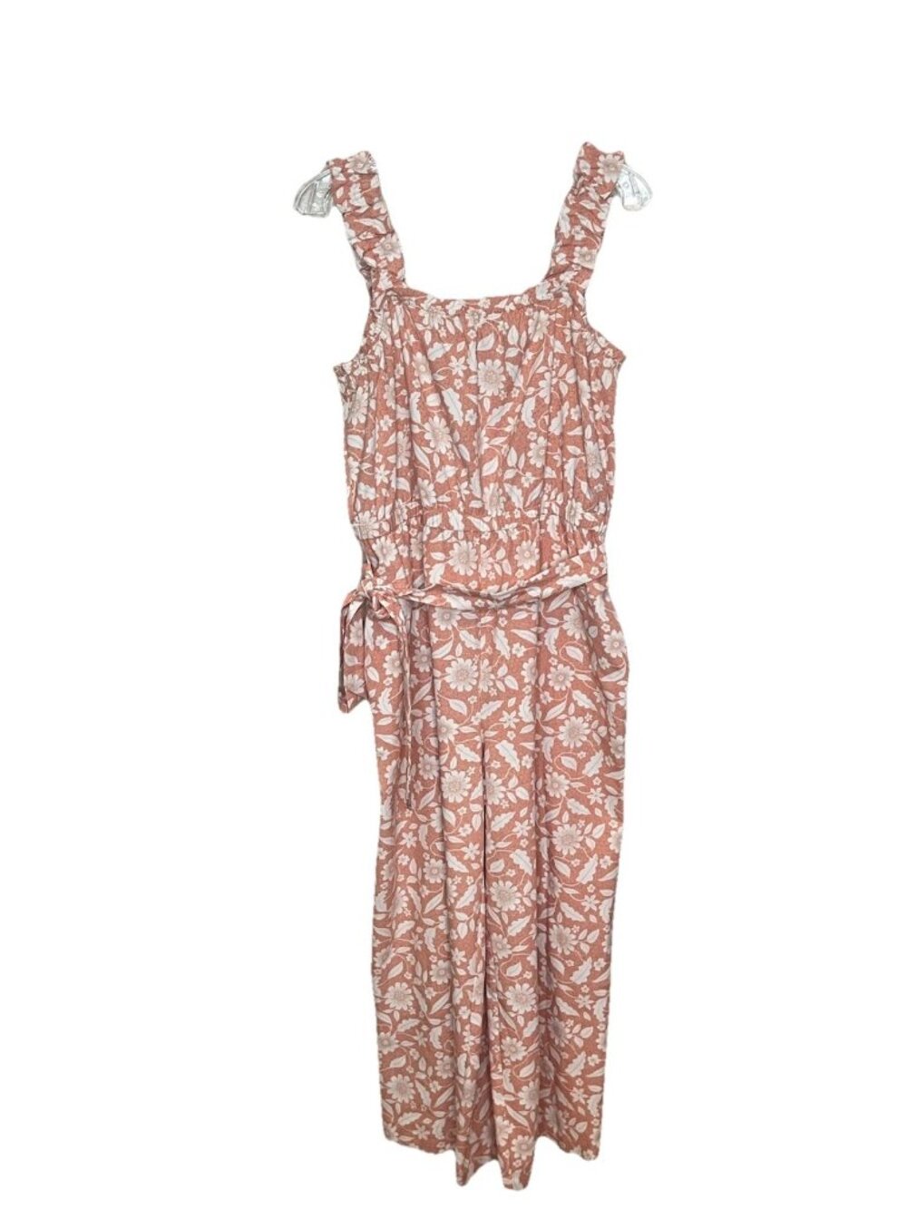LOFT Outlet Floral Jumpsuit Sz L Pink Wide Leg Ruffle Strap Boho Coastal Grandma